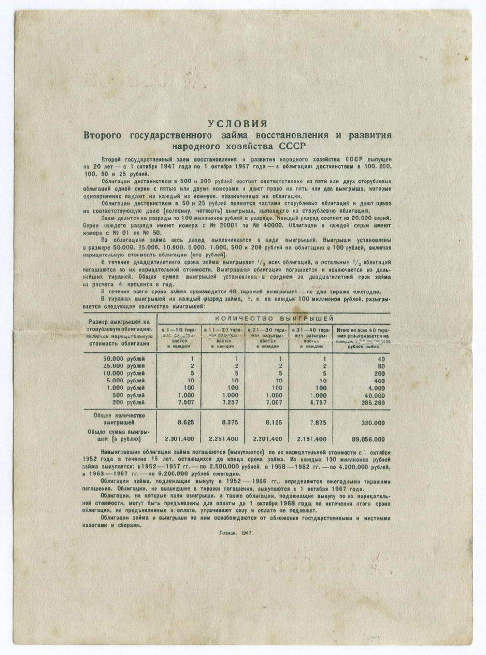Облигация 50 рублей 1947 год. 2-ой заем восстановления и развития народного хозяйства. Серия № 038088. VF