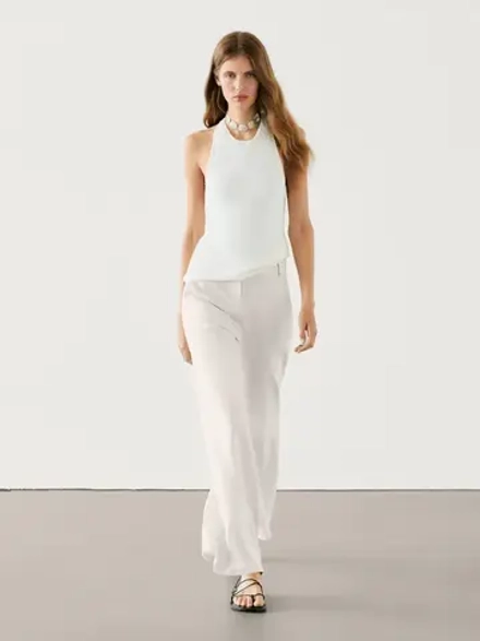 Massimo Dutti Расклешенные брюки из смесового льна, натуральный, кремовый