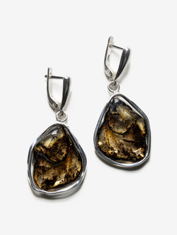 Уникальные серебряные серьги с цельным пейзажным янтарем, серебро 925 пробы