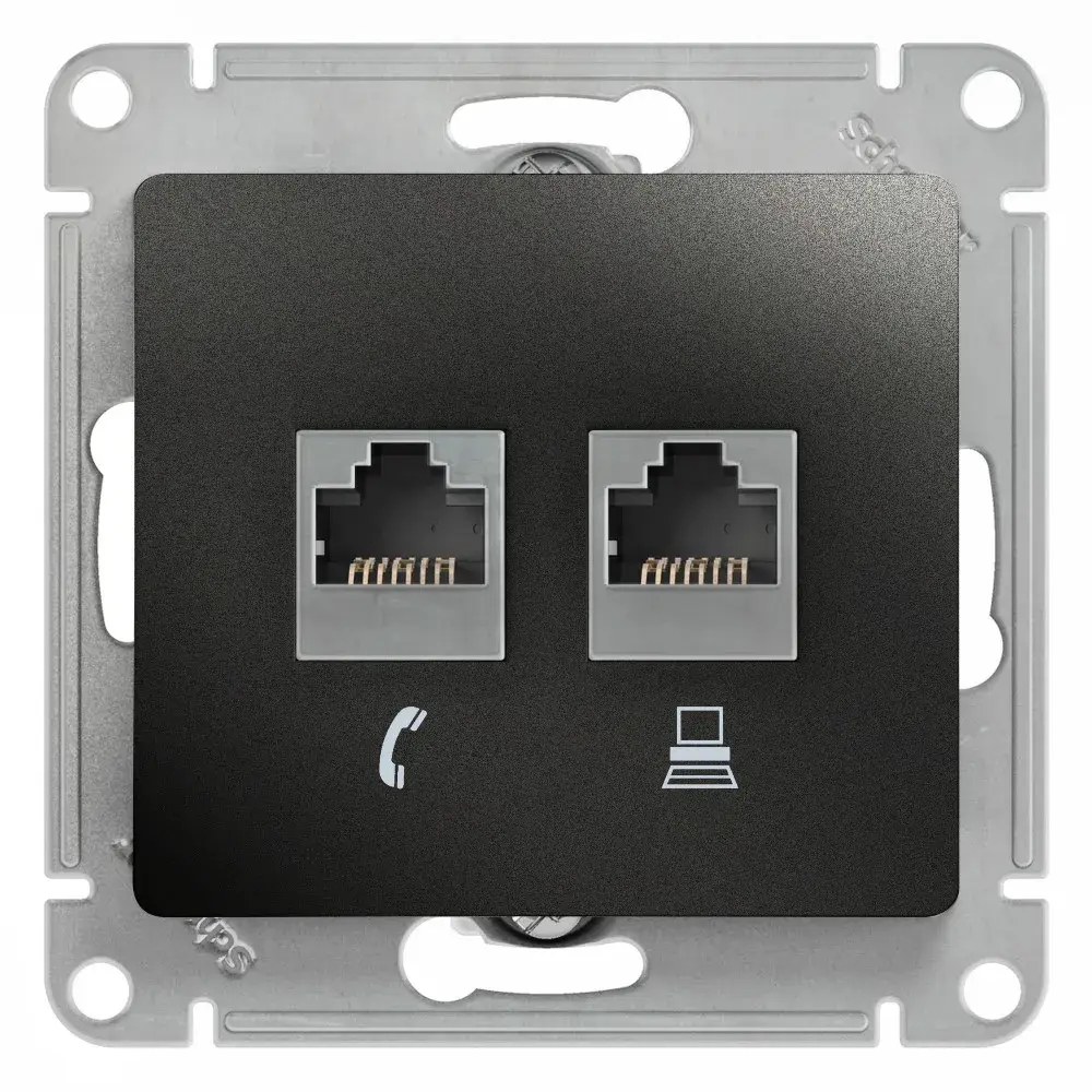GLOSSA РОЗЕТКА двойная RJ11+RJ45 кат.5e, механизм, АНТРАЦИТ