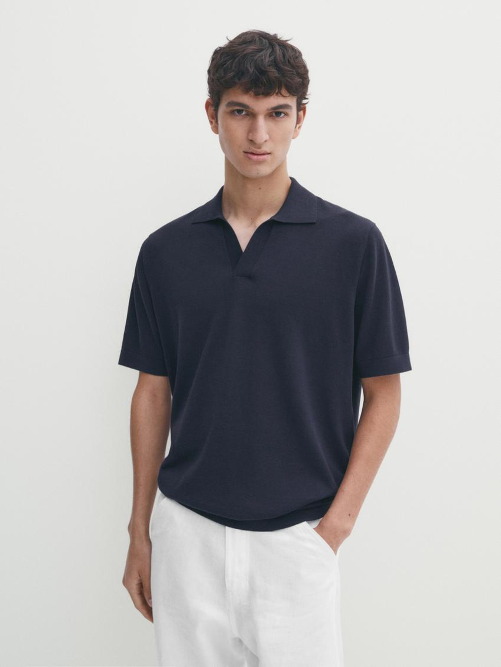 Massimo Dutti Трикотажная футболка-поло с короткими рукавами, синий