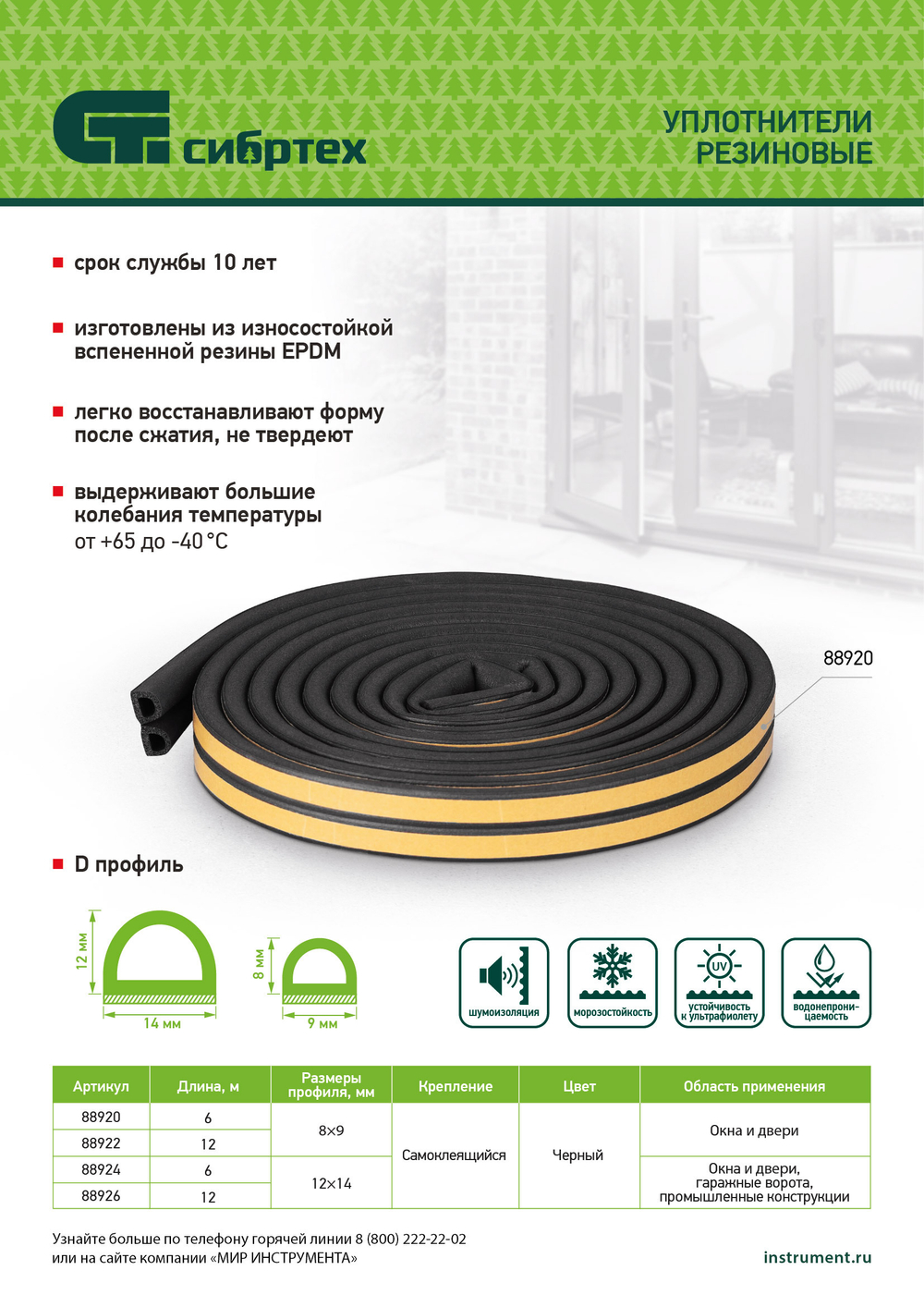 Уплотнитель резиновый, 6 м, профиль "D", черный Сибртех 88920