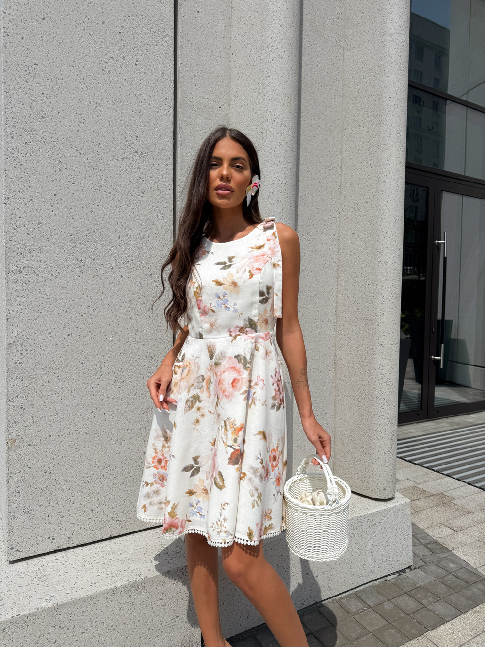 Платье из вискозы и льна в цветочный принт