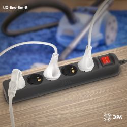 Удлинитель электрический ЭРА UX-5es-5m-B с заземлением с выключателем 5 розеток 5 м ПВС 3x0,75мм2 10А черный