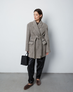 Пальто на поясе из шерсти Стелла Маккартни елочка молочный/темно-коричневый