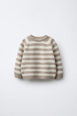 ZARA ВЯЗАНЫЙ СВИТЕР В ПОЛОСКУ, СВЕТЛО-БЕЖЕВЫЙ