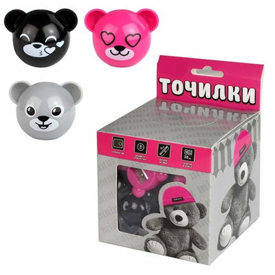 Точилка МИШКА В ШАПОЧКЕ, ассорти, полистирол, розовый, серый, чёрный, 1 отверстие (-я)