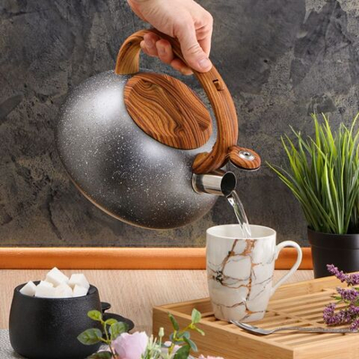 Чайник нерж, 3 л, свист, ручк с силик покр, Daniks, серый мрамор, DSC-8799