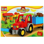 Конструктор пластмассовый 32эл. большие кубики "Трактор" с тележкой 10017-GK (Город мастеров)