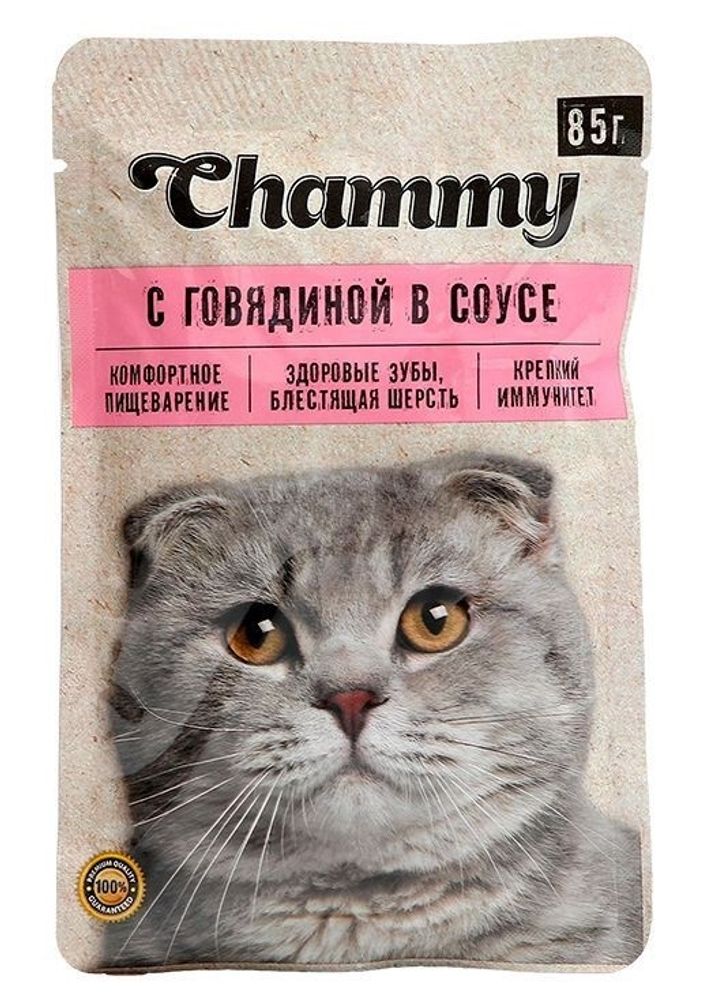 Корм Chammy, для кошек, говядина в соусе, 85 гр.