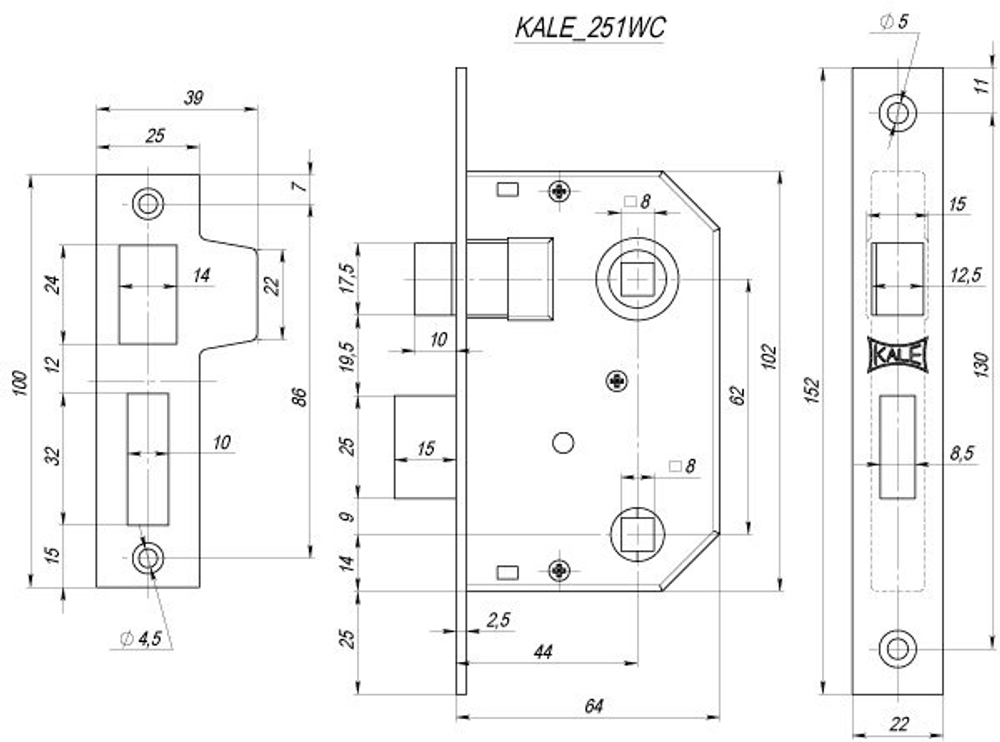 Замок KALE 251 врезной WС 44мм никель (правый)