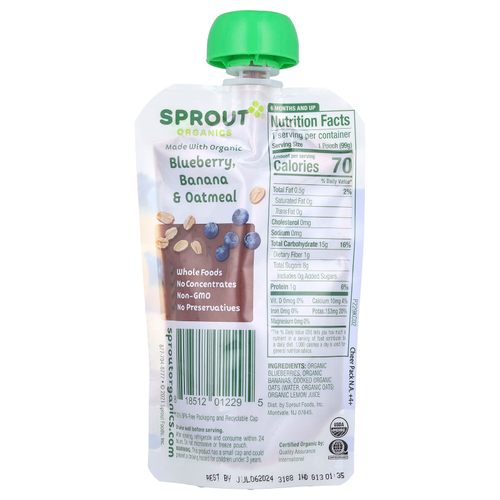 Sprout Organics, детское питание от 6 месяцев и старше, голубика, банан и овсянка, 99 г (3,5 унции)
