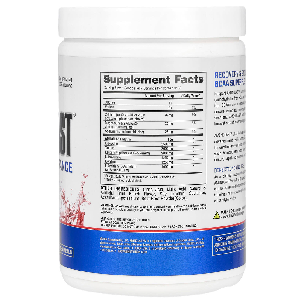 Gaspari Nutrition, Aminolast®, BCAA Superfuel для восстановления и выносливости, фруктовый пунш, 420 г (14,8 унции)