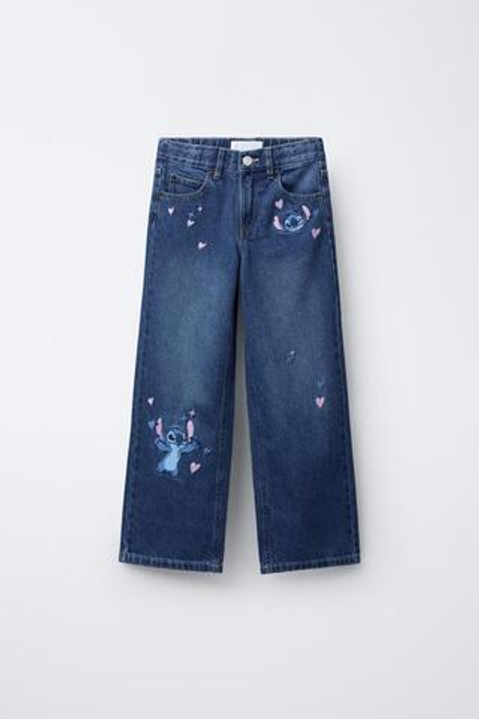ZARA ДЖИНСЫ WIDE LEG С ВЫШИВКОЙ LILO & STITCH © DISNEY, СИНИЙ
