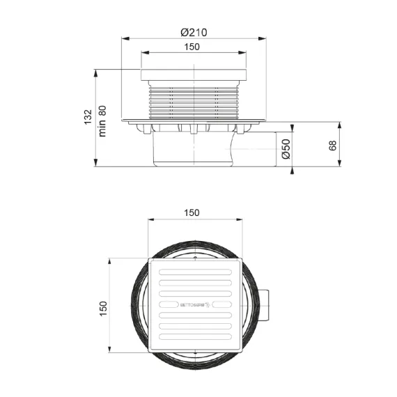 Трап горизонатальный BETTOSERB Superior Quadro нержавеющая сталь с угловым выпуском 50мм 150*150мм 40995