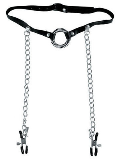 Кольцо-расширитель для рта с цепочками, соединяющими его с клипсами для сосков