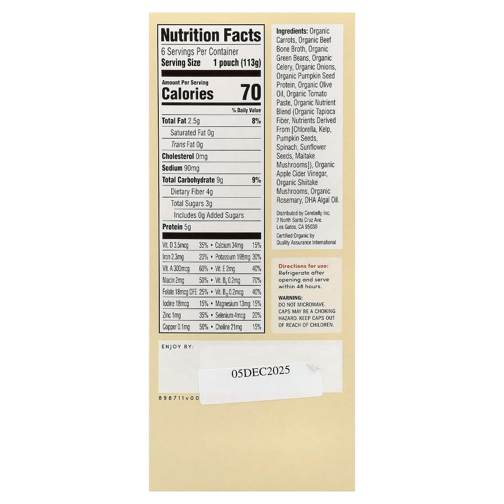 Cerebelly, Органическое детское пюре, морковь, говяжий бульон с розмарином, 6 пакетиков по 113 г (4 унции)