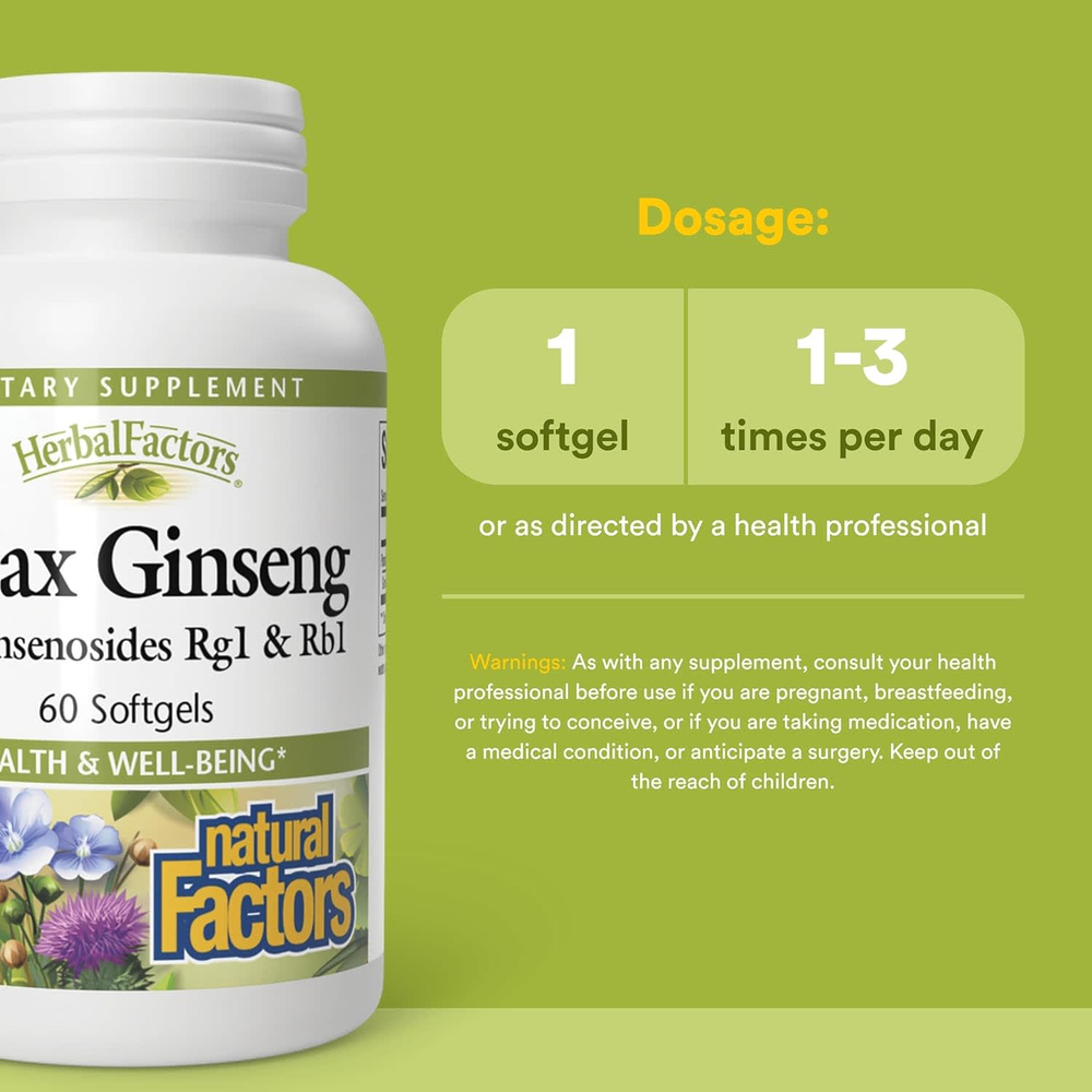 Natural Factors, HerbalFactors, женьшень обыкновенный, 100 мг, 60 мягких таблеток