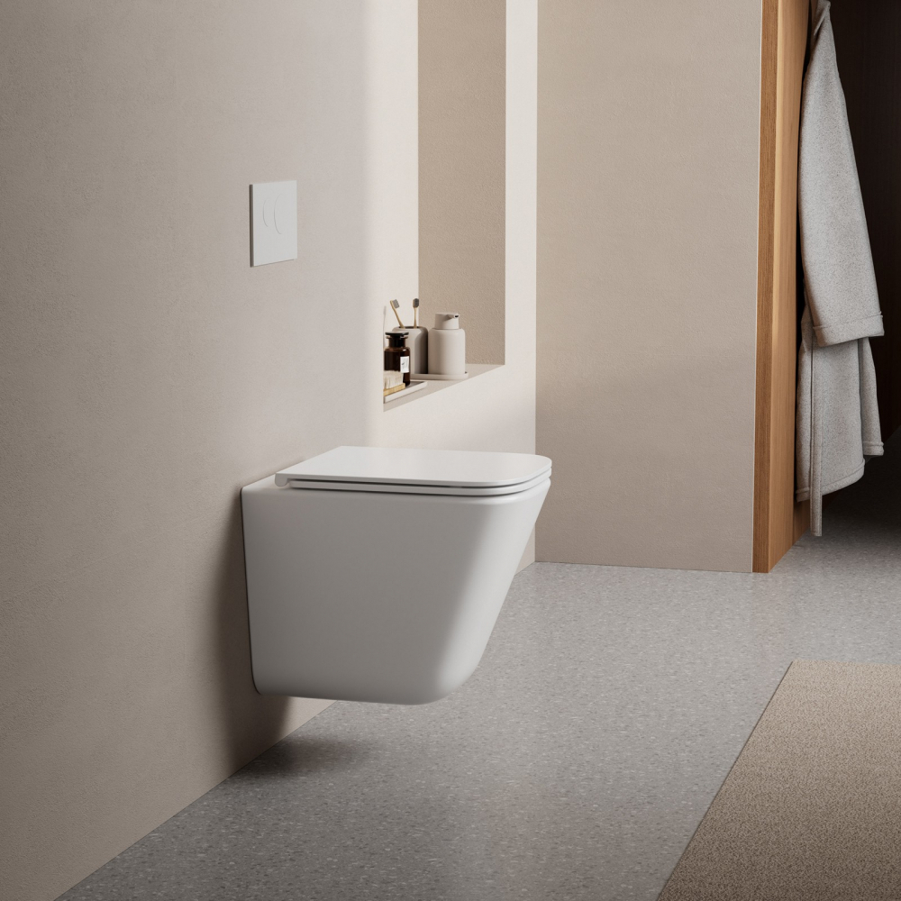 Комплект подвесной унитаз ABBER Rechteck AC1219TC белый, с закрытым дном с инсталляцией AC0105 и кнопкой AC0121 хром глянцевый