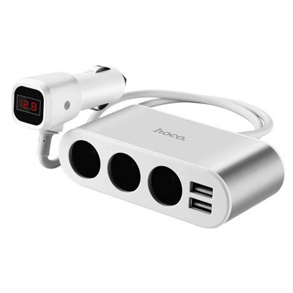 Автомобильное зарядное устройство USB Hoco Z13 (10.5W, 2 порта+розетка 12V 3 шт, с дисплеем) Серебро