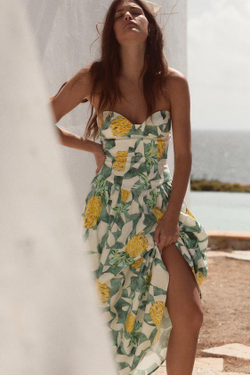 ZARA ПЛАТЬЕ ИЗ ПОПЛИНА В БЕЛЬЕВОМ СТИЛЕ С ФРУКТОВЫМ ПРИНТОМ, ЭКРЮ/ЗЕЛЕНЫЙ