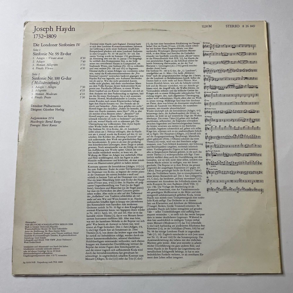 Винтажная виниловая пластинка LP Haydn Гайдн Dresdner Philharmonie, Sinfonie Nr. 99 Es-dur, Sinfonie Nr. 100 G-dur (ГДР 1977)