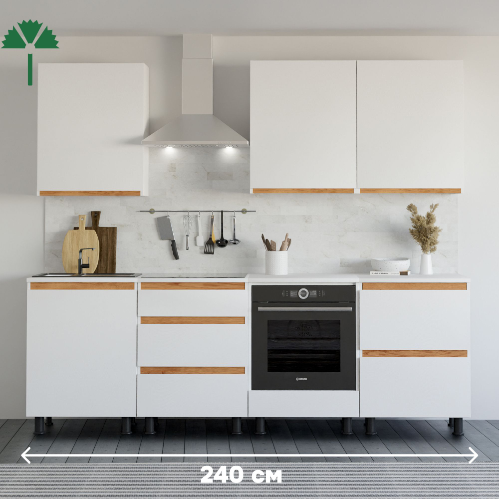 Кухня Валенсия 240 см со столешницей (7 модулей) / белый ЛДСП, массив дуба