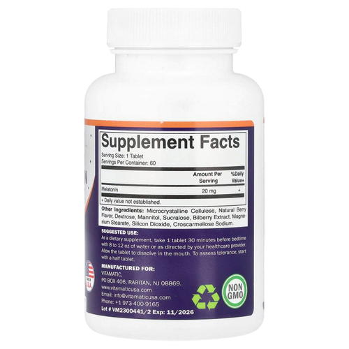 Vitamatic, Жидкий мелатонин, натуральные ягоды, 20 мг, 59 мл (2 жидк. Унции)