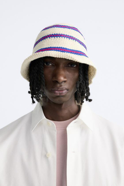 ZARA ШЛЯПА ИЗ КРУЖЕВА КРОШЕ В ПОЛОСКУ, ЭКРЮ