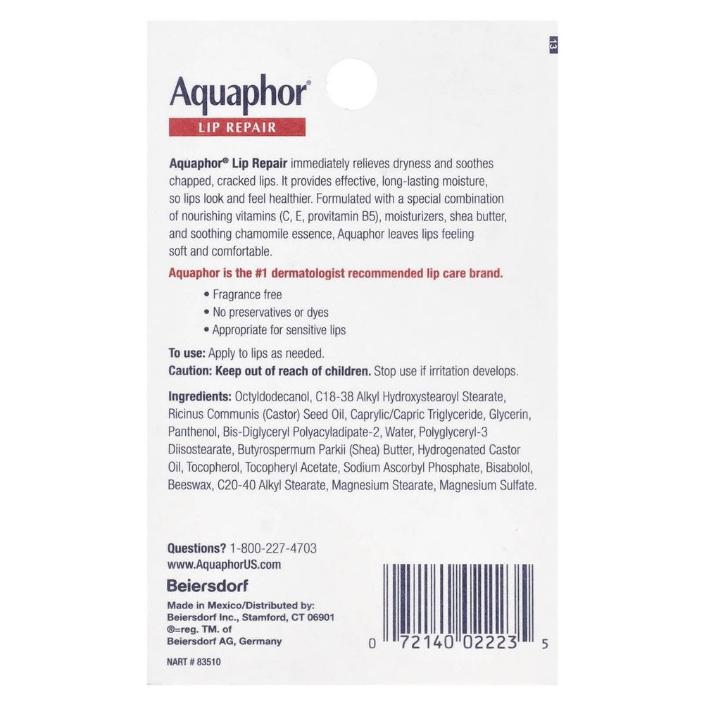 Aquaphor, Lip Repair, немедленное облегчение, без отдушек, 2 тюбика по 10 мл (0,35 жидк. унц.)