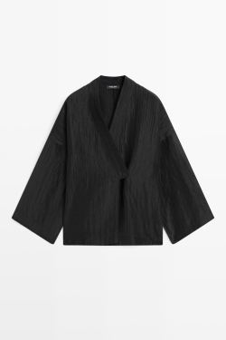 Massimo Dutti Фактурное кимоно из смесового льна с V-образным вырезом, черный