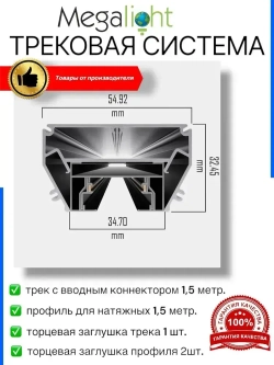 Трековая система освещения CITY 2TRA 220V Чёрный шинопровод осветительный двух-контактный однофазный трек в алюминиевом профиле для натяжных потолков 54x32x1500mm IP20 1.5 м.