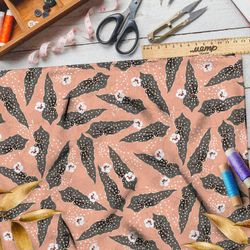 Ткань габардин серый лотос и орхидеи на коралловом фоне