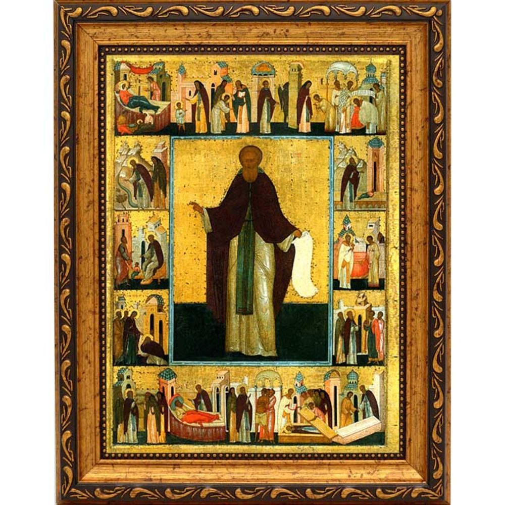 Сергий Радонежский в житии. Икона на холсте.