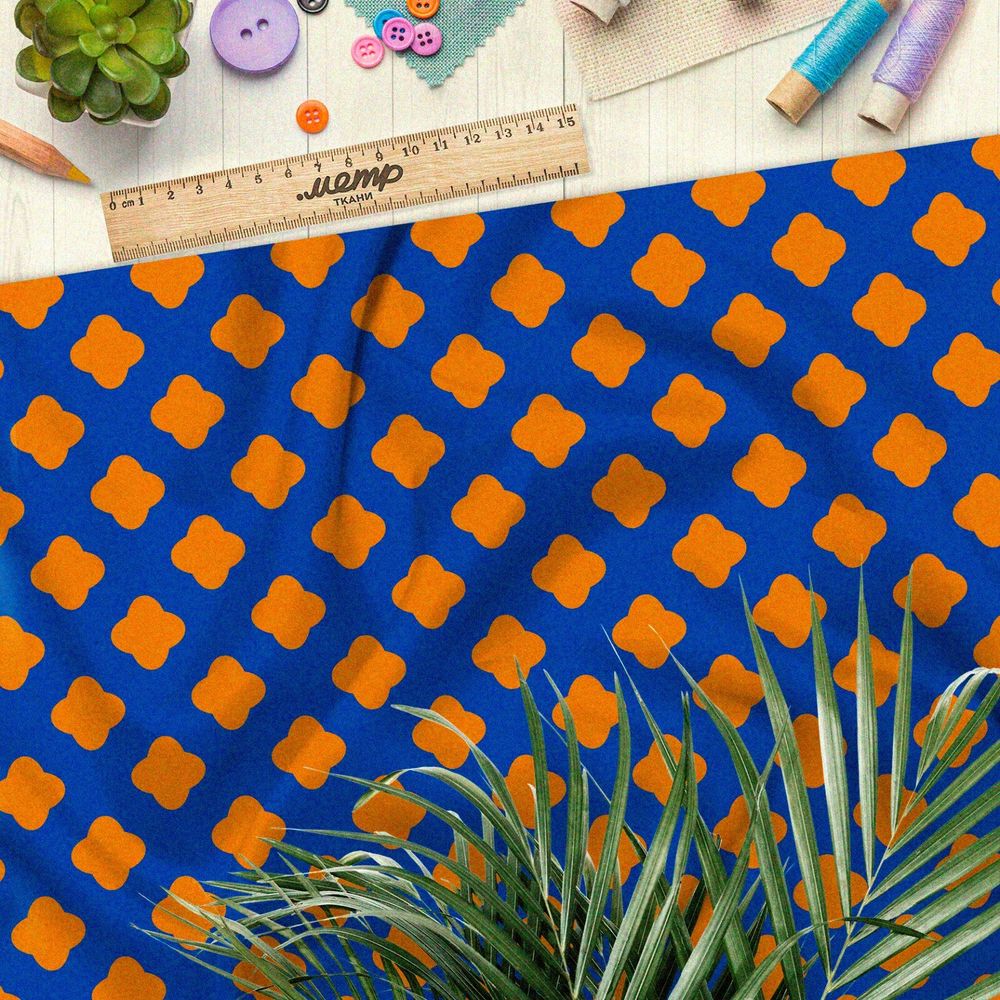 Ткань лён оранжевые кресты на синем фоне