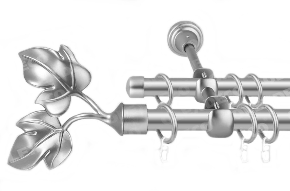 Карниз кованый для штор Лист Ветки d16/16 мм двухрядный, цвет хром матовый