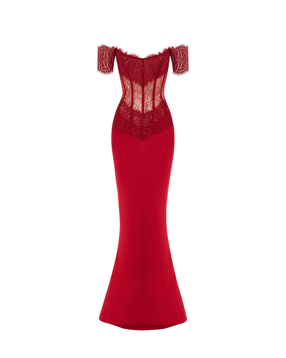 Платье макси корсетное со спущенными рукавами из сатина и кружева