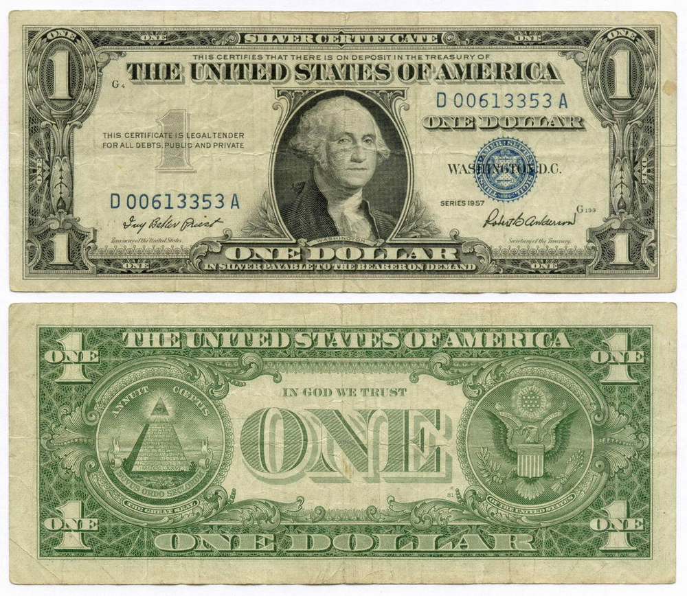 Банкнота США 1 доллар (серебряный сертификат) 1957 D 00613353 A. VF-