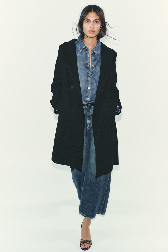 ZARA МЯГКОЕ ПАЛЬТО С КАПЮШОНОМ, ЧЕРНЫЙ