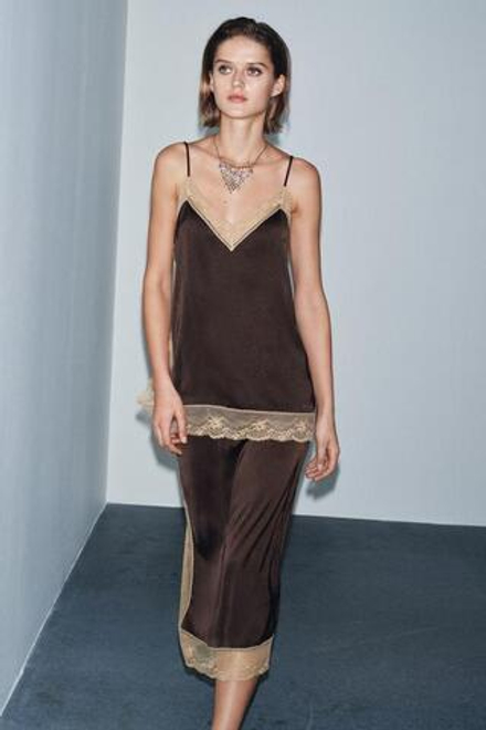 ZARA ЮБКА МИДИ С КРУЖЕВОМ — ZW COLLECTION, КОРИЧНЕВЫЙ