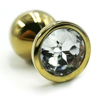 Золотистая алюминиевая анальная пробка с прозрачным кристаллом - 8,4 см. (Цвет: прозрачный)