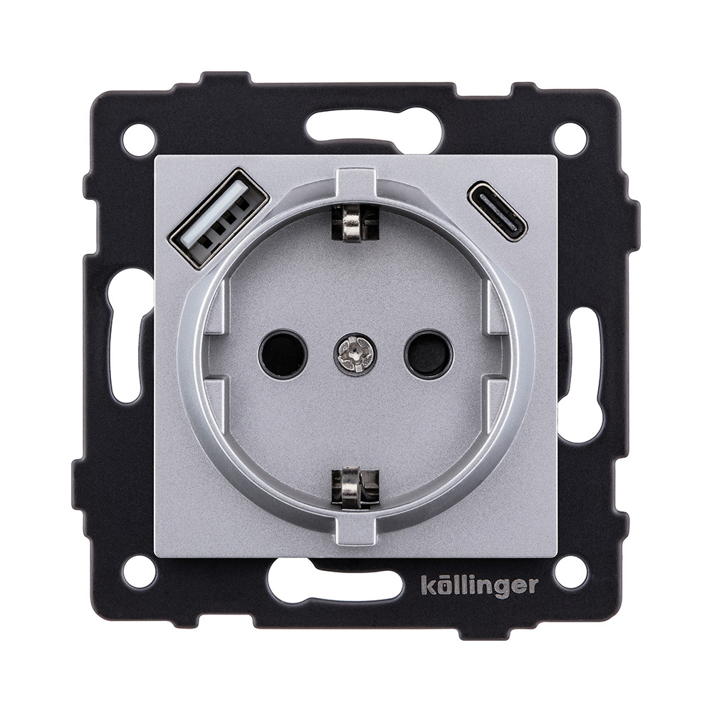 Розетка штепсельная SCHUKO 16A/250 В с USB A+C 20W, серый Kollinger REA-004GY для Aspekt, Eleganz, Reflex