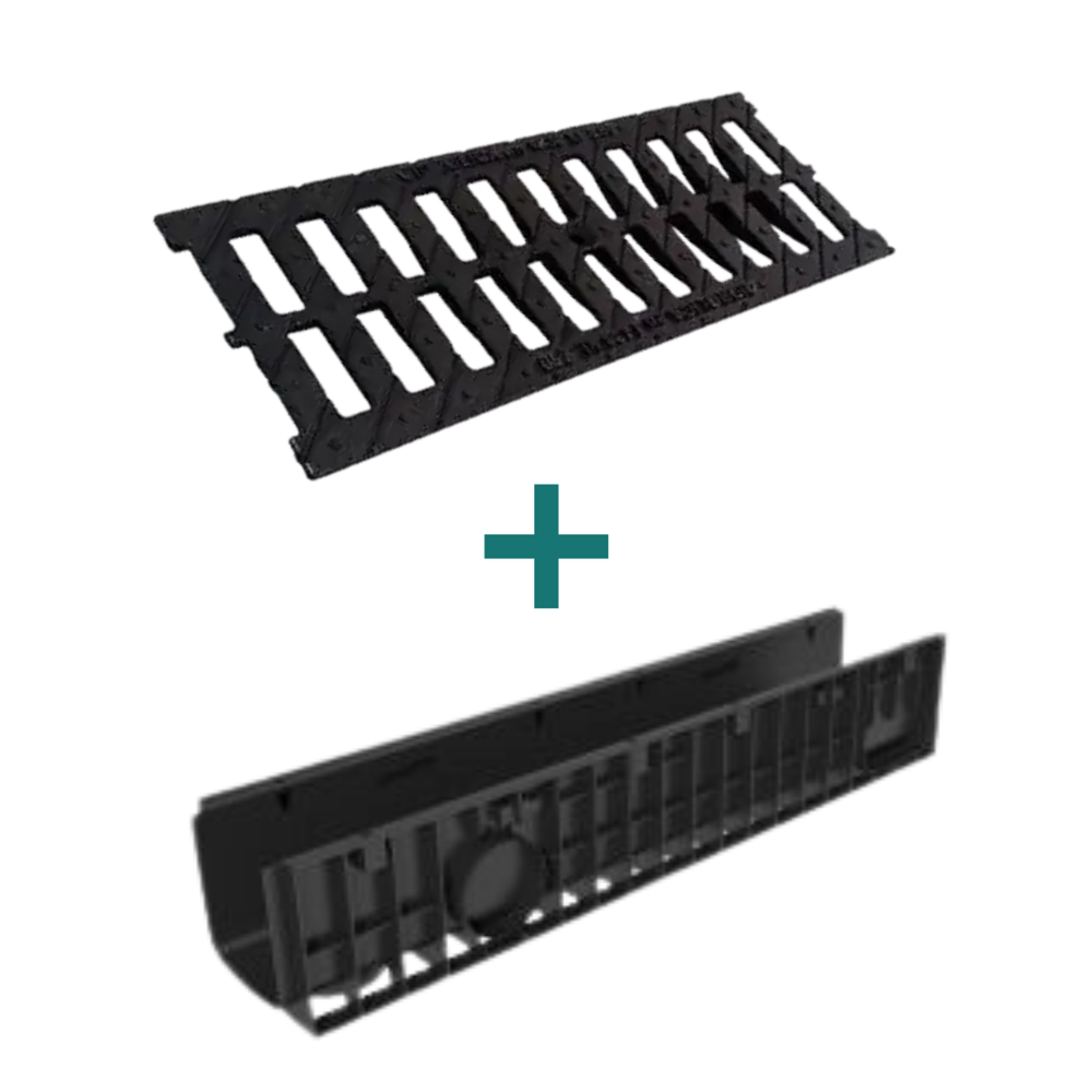 Комплект водоотводный Gidrolica Standart DN200: пластиковый лоток ЛВ-20.24,6.18,5 + чугунная щелевая решетка РВ-20.24.50, кл. C250