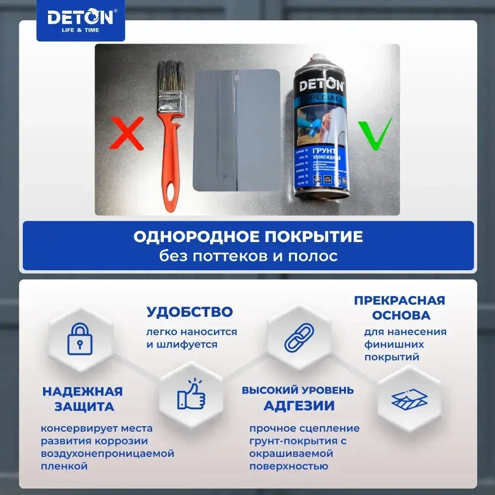 Грунтовка / Эпоксидный грунт DETON, серый, баллон аэрозоль 520 мл