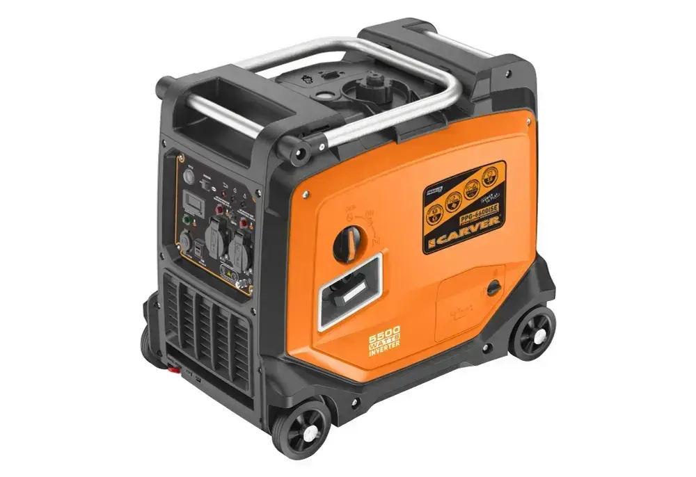 Генератор бензиновый инверторный Carver PPG-6600ISE ( 5,5 кВт, бак 11 л, электростартер, DOUBLE USB QC 2.0/3.0, дисплей, рукоятки + колеса) / бензогенератор / для автономного снабжения