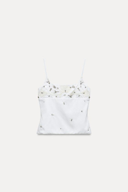 ZARA ТОП ИЗ ПОПЛИНА С ЦВЕТОЧНОЙ ВЫШИВКОЙ И СТРАЗАМИ, БЕЛЫЙ