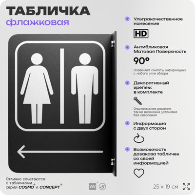 Табличка "Туалет налево" флажковая на стену, двусторонняя с крепежом, 19 х 25 см, для офиса, кафе, ресторана, серия COSMO, Айдентика Технолоджи
