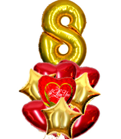 Букет из 17 шаров (Цифра 8, Сердца, Звезды)