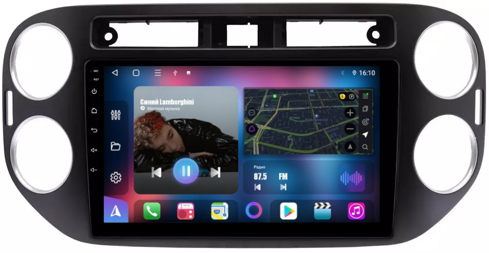 Магнитола для Volkswagen Tiguan 1 2011-2016 (рамка 9 чёрная, прямоуг. кнопка) - FarCar 489M монитор 9" QLED на Android 13, 8 ядер (TS18), CarPlay, 4G SIM-слот