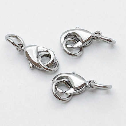 Замок-карабин с колечками, цвет серебро (родий), размер замка 10 мм, цена за 1 шт